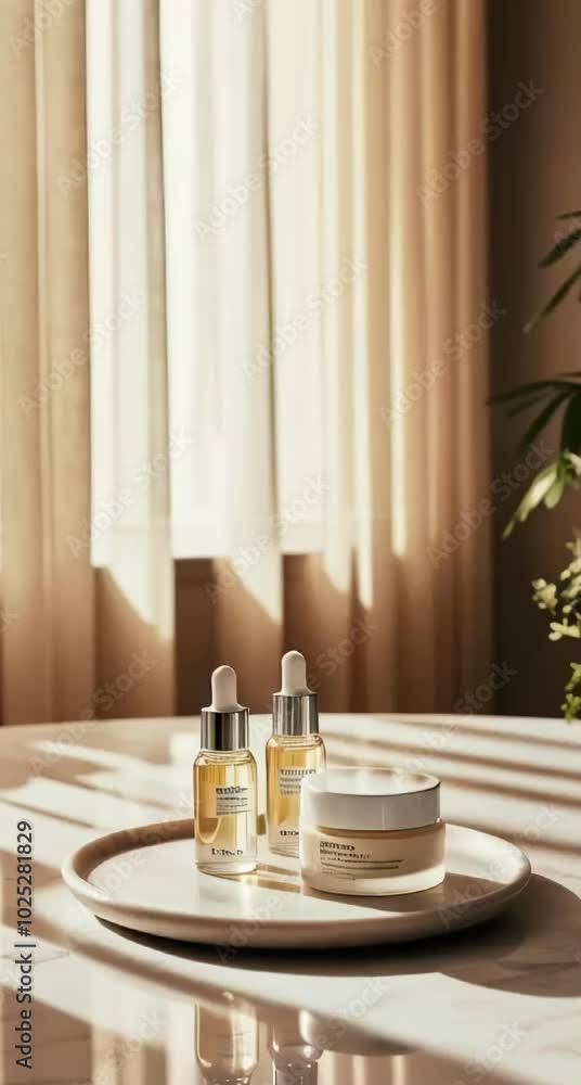 Soft and warm-toned indoor setting with natural light filtering through sheer curtains. Two small bottles of clear serum and a jar of cream placed delicately on a marble surface Soft and warm-toned indoor setting with natural light filtering through sheer curtains. Two small bottles of clear serum and a jar of cream placed delicately on a marble surface