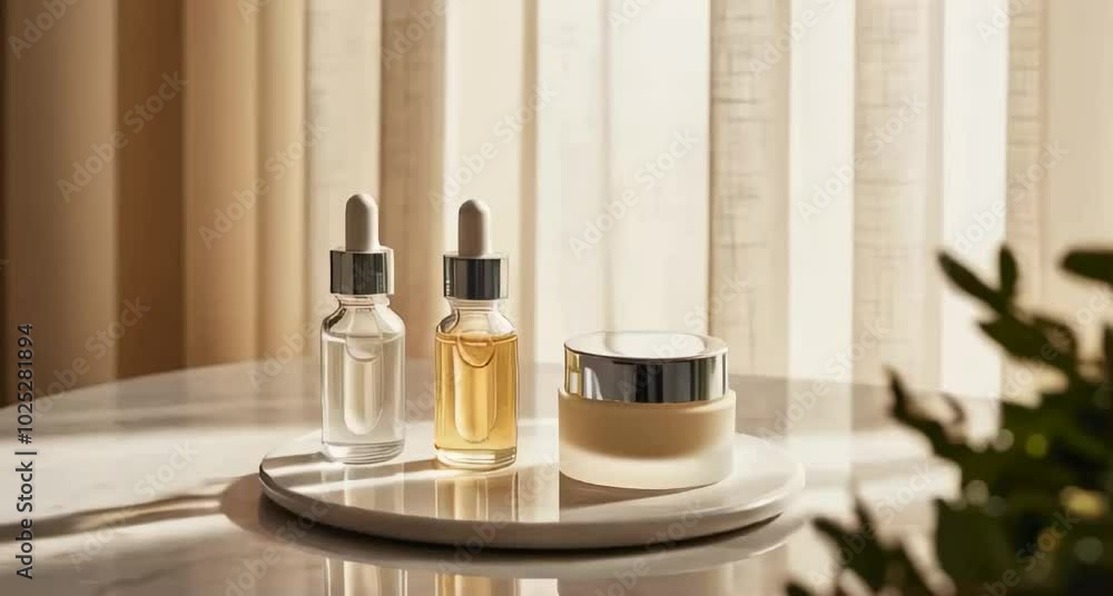 Soft and warm-toned indoor setting with natural light filtering through sheer curtains. Two small bottles of clear serum and a jar of cream placed delicately on a marble surface Soft and warm-toned indoor setting with natural light filtering through sheer curtains. Two small bottles of clear serum and a jar of cream placed delicately on a marble surface