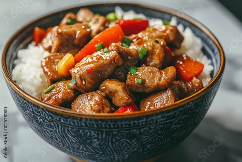 Close-up of a Bowl of Beef and Bell Pepper Stir-fry over Rice