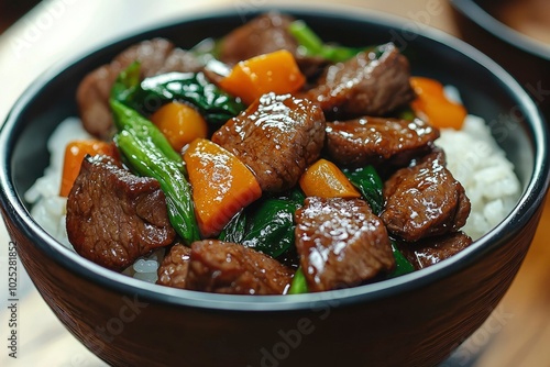 Close-up of a Bowl of Beef, Carrots, and Greens Served over Rice