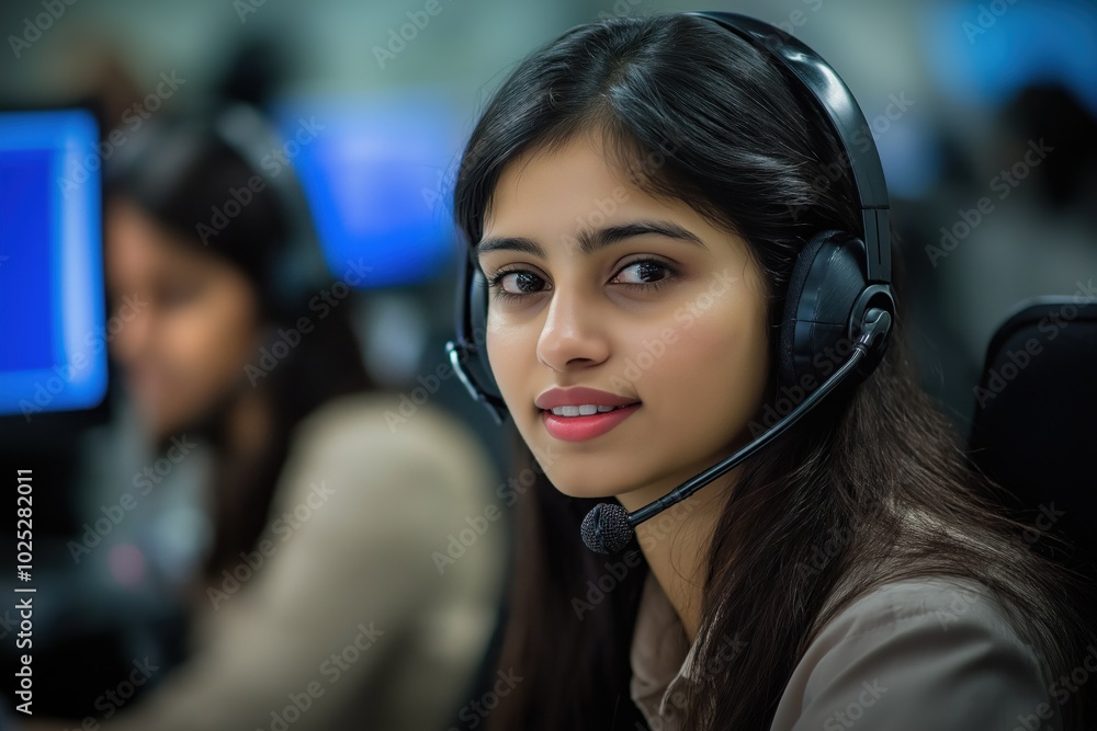 Woman wears headset, sits in cubicle with computer monitor. Neutral expression, focused on camera in office setting. Blurred background suggests busy work environment. Woman wears headset, sits in cubicle with computer monitor. Neutral expression, focused on camera in office setting. Blurred background suggests busy work environment.