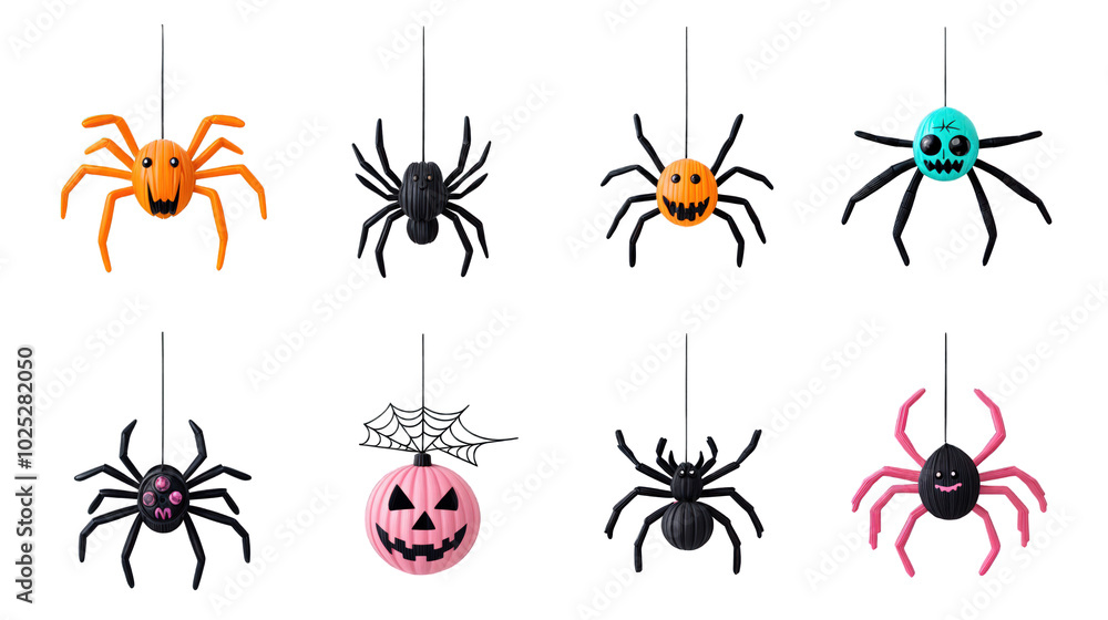 Set of cartoon Halloween spiders and pumpkin faces isolated on transparent background
