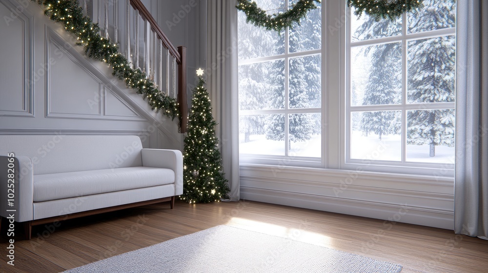 Fototapeta premium A beautifully decorated staircase with garlands and twinkling white lights invites warmth into the elegant living room, complemented by a chic white sofa at the bottom.