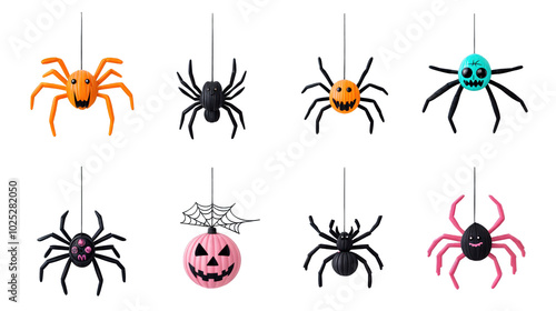 Obraz na płótnie Set of cartoon Halloween spiders and pumpkin faces isolated on transparent background w salonie