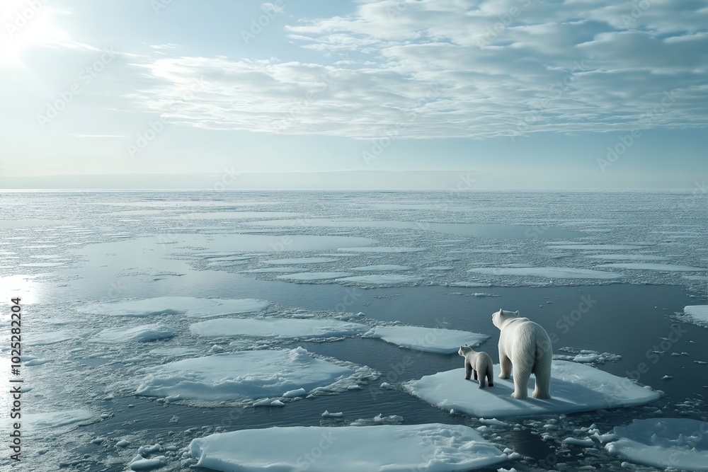 Fototapeta premium A Polar Bear Mother and Her Cub Navigating Across Melting Ice Floes, With the Distant Horizon Showing a Thinning Ice Cap