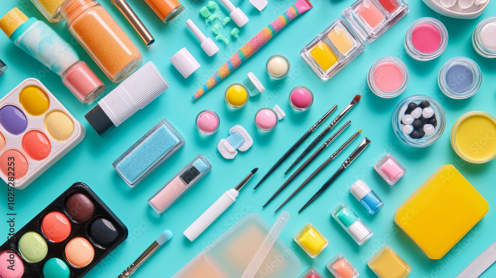 An artistic shot of a manicure setup, with colorful polishes, nail tools, and fun nail art supplies spread. An artistic shot of a manicure setup, with colorful polishes, nail tools, and fun nail art supplies spread.