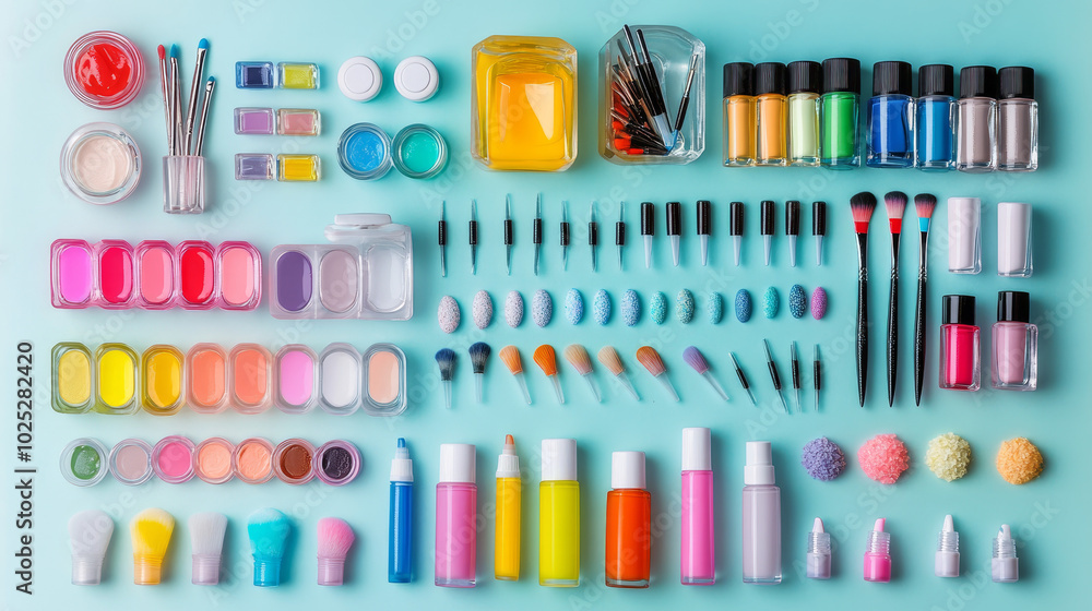 An artistic shot of a manicure setup, with colorful polishes, nail tools, and fun nail art supplies spread. An artistic shot of a manicure setup, with colorful polishes, nail tools, and fun nail art supplies spread.