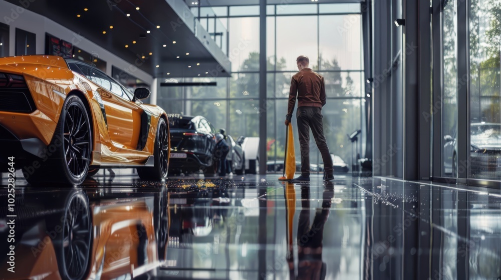 Fototapeta premium A man in uniform cleaning a car in a showroom, with bright lights highlighting the meticulous detailing work.