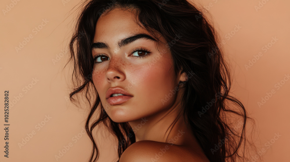Portrait of a woman with natural beauty against a warm, peach-colored background highlighting her features in soft light Portrait of a woman with natural beauty against a warm, peach-colored background highlighting her features in soft light