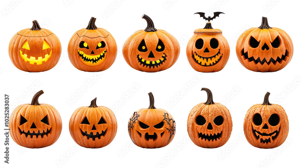 Set of halloween jack-o-lantern pumpkins with creepy carved faces isolated on transparent background