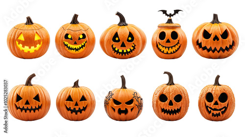 Obraz na płótnie Set of halloween jack-o-lantern pumpkins with creepy carved faces isolated on transparent background w salonie