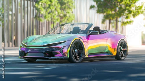 Futuristic Electric Convertible Concept Car - 3D Render of Stylish Design with Vibrant Colors for Sunny Days