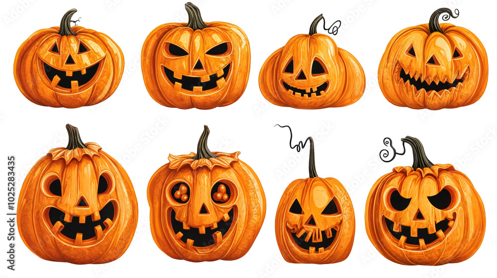 Set of smiling and scary jack-o-lantern pumpkins isolated on transparent background Set of smiling and scary jack-o-lantern pumpkins isolated on transparent background