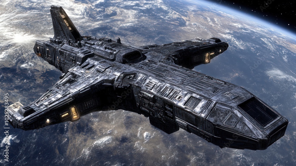 Futuristic Spaceship Orbiting a Planet with Clouds Futuristic Spaceship Orbiting a Planet with Clouds
