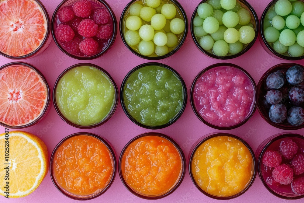 Variety of Fruit Preserves in Glass Bowls on Pink Background Variety of Fruit Preserves in Glass Bowls on Pink Background
