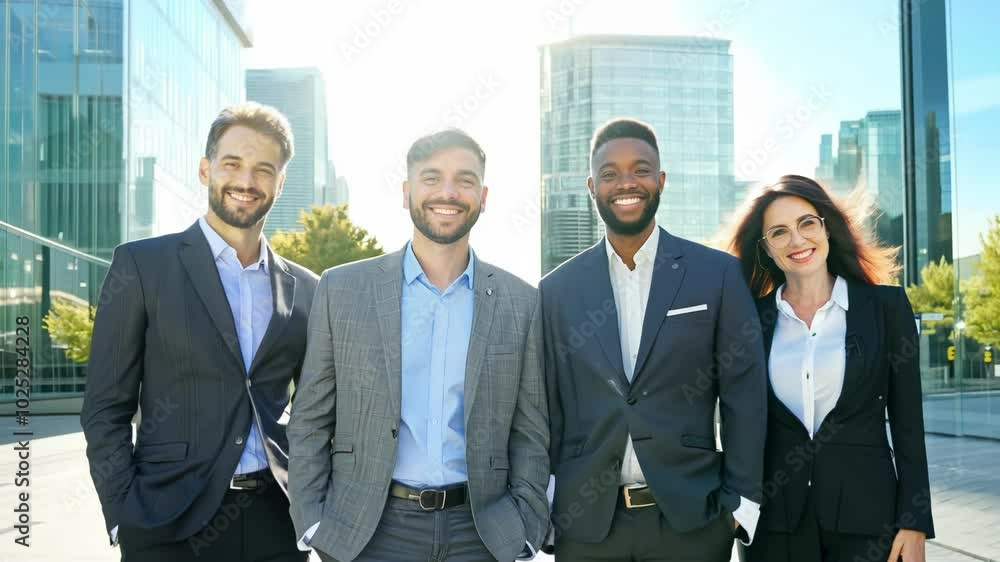 A diverse group of professionals stand together in front of a modern building, smiling confidently at the camera, symbolizing teamwork and unity in a corporate environment. A diverse group of professionals stand together in front of a modern building, smiling confidently at the camera, symbolizing teamwork and unity in a corporate environment.