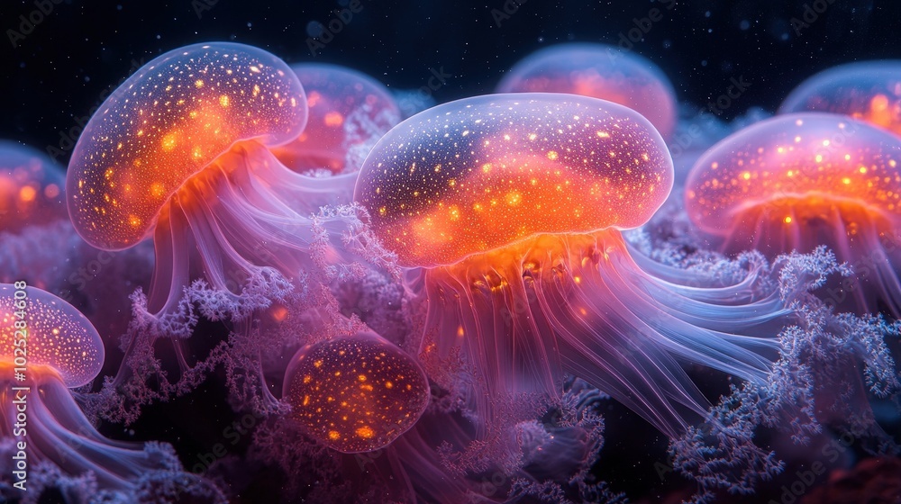 bright jellyfish illuminated by neon lights underwater against a black background