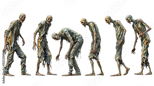 Obraz na płótnie Set of terrifying zombies with skeleton faces in different walking poses isolated on transparent background w salonie