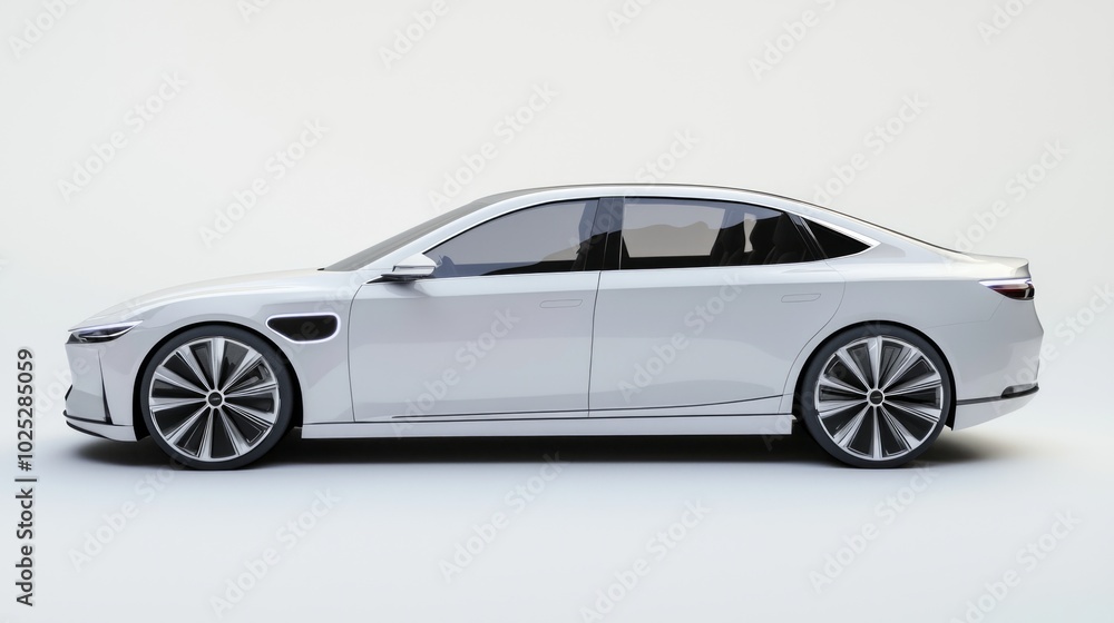 Fototapeta premium Futuristic Electric Sedan Concept Car with Integrated Ambient Lighting and Luxurious Details in 3D Render Illustration