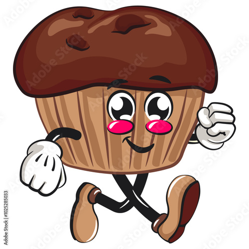 kawaii cartoon chocolate muffin with chocolate chip character mascot isolated vector illustration walking, work of hand drawn