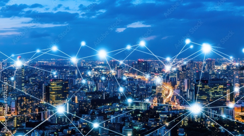 Fototapeta premium A Nighttime View of a City Connected by a Network of Light