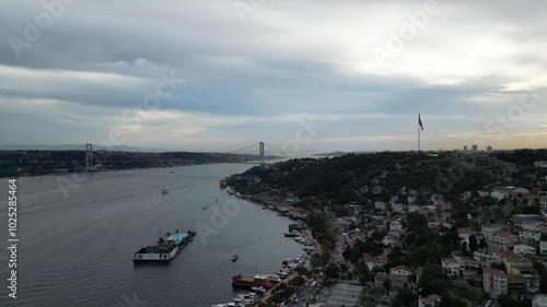 Istanbul Bosphorus magnificent view drone video footage. Ship passages through the Istanbul Bosphorus, Bosphorus panoramic video footage photo