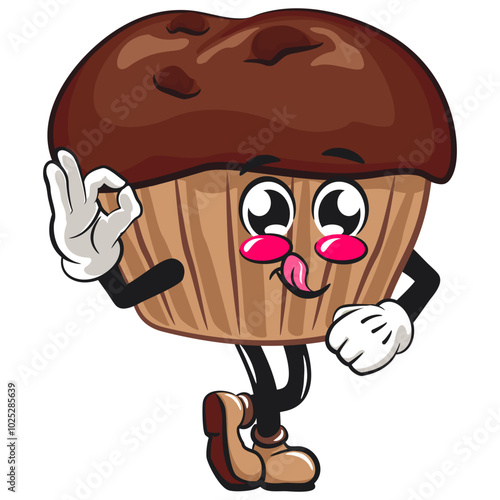 kawaii cartoon chocolate muffin with chocolate chip character mascot isolated vector illustration greet by giving oke sign, work of hand drawn