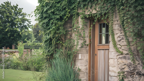 A stone building featuring a door, surrounded by a lush garden.