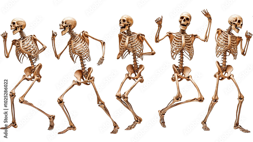 Set of brown dancing skeletons in various poses isolated on transparent background