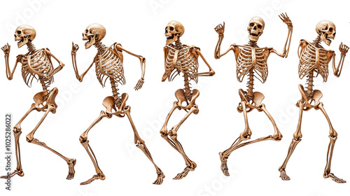 Obraz na płótnie Set of brown dancing skeletons in various poses isolated on transparent background w salonie
