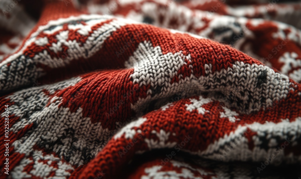 Close-up of a knitted Christmas sweater with intricate, festive patterns and soft woolen texture, capturing the warmth and coziness Close-up of a knitted Christmas sweater with intricate, festive patterns and soft woolen texture, capturing the warmth and coziness
