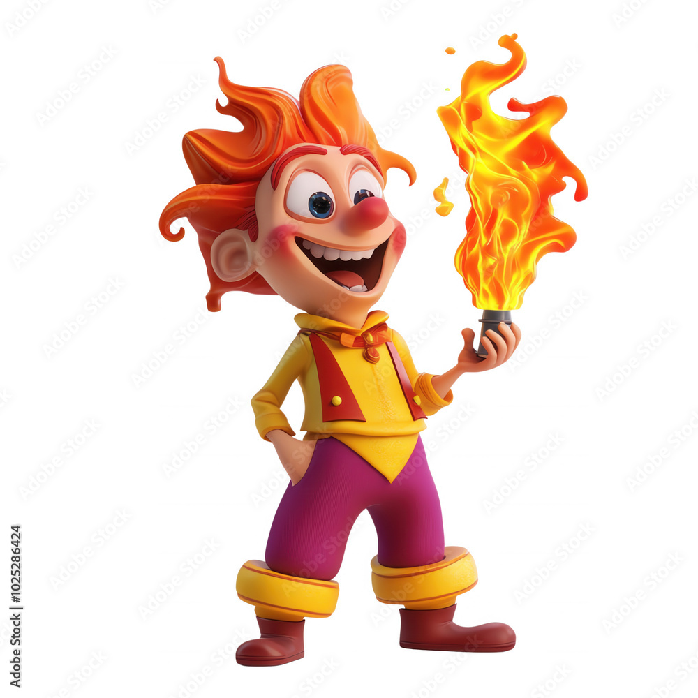 Cheerful cartoon character with fiery hair holding a flame in hand, transparent background Cheerful cartoon character with fiery hair holding a flame in hand, transparent background