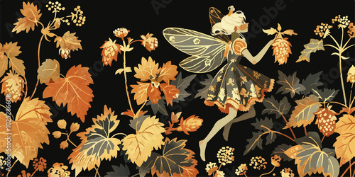 Wallpaper Mural A whimsical fairy-themed illustration featuring golden floral elements and elegant fairies in natural dresses, set against a dark background, creating an enchanting and magical atmosphere. Torontodigital.ca