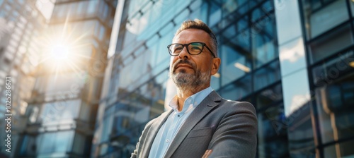 Modern Financial Success: Confident Business Leader in Sunlit Glass Office Building