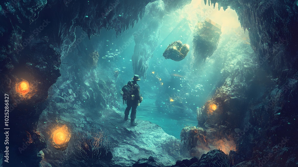 A lone explorer in a bioluminescent underwater cavern, gazing at a glowing submarine. A lone explorer in a bioluminescent underwater cavern, gazing at a glowing submarine.