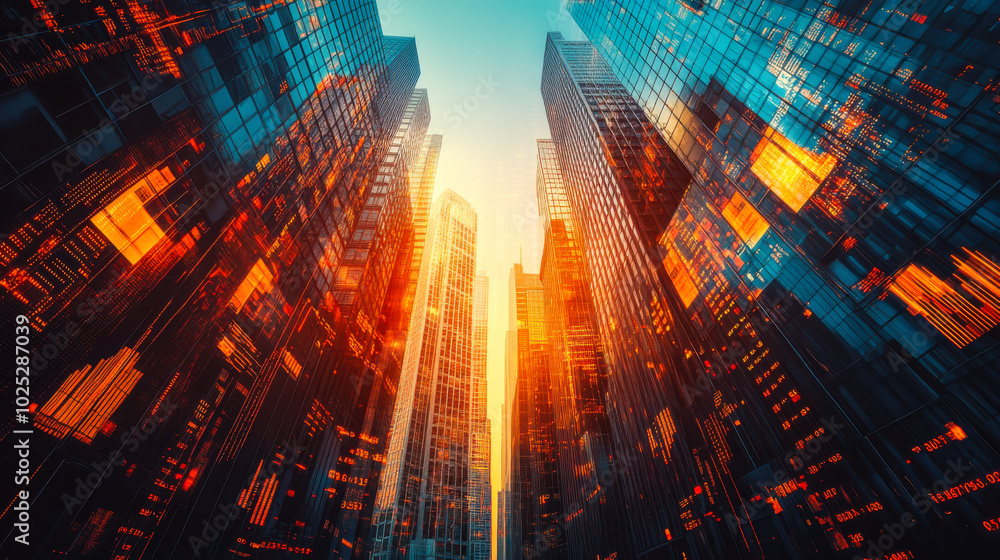 Skyscraper reflections at sunset cast golden light between towering glass buildings in an urban environment Skyscraper reflections at sunset cast golden light between towering glass buildings in an urban environment