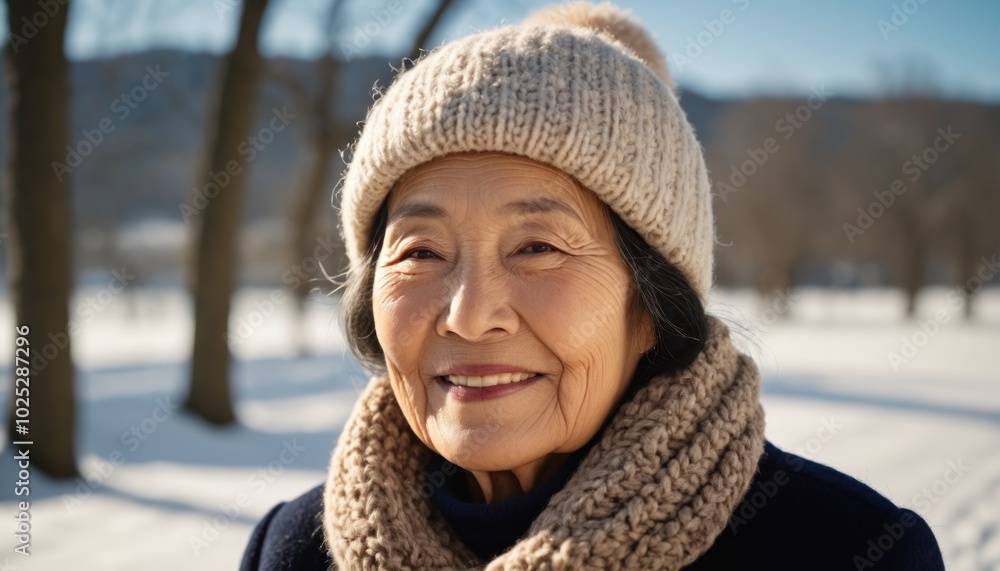 Elderly woman enjoying a sunny winter day outdoors Elderly woman enjoying a sunny winter day outdoors