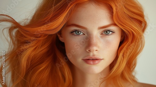 hair dye packaging image featuring a woman with well-groomed, wavy copper red hair. Her hair should appear smooth, glossy, and voluminous, with rich copper tones