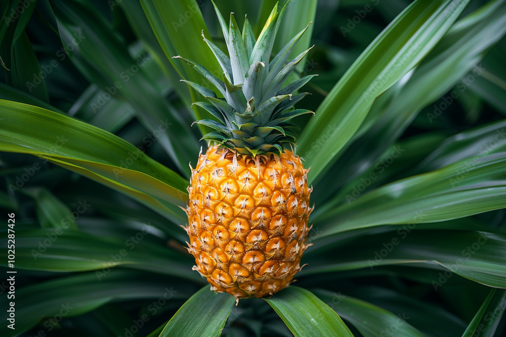 Juicy Golden Pineapple Hanging from Plant Juicy Golden Pineapple Hanging from Plant