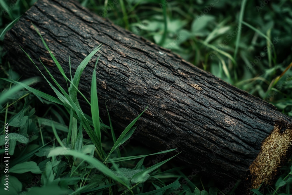 Fototapeta premium The log lies on the ground, surrounded by vibrant green grass and small plants, illustrating a serene woodland environment