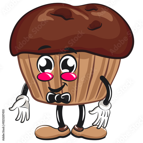 kawaii cartoon chocolate muffin with chocolate chip character mascot isolated vector illustration a bow tie and feeling cool, work of hand drawn