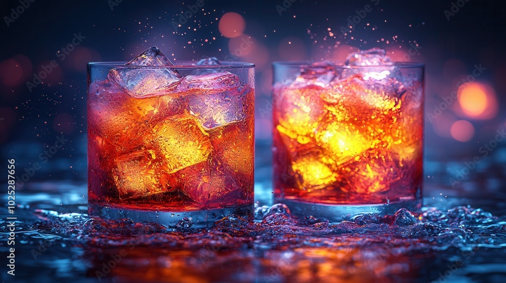 Two vibrant cocktails with ice cubes and bubbles on a dark background. The rich colors create a festive atmosphere, perfect for social gatherings. Two vibrant cocktails with ice cubes and bubbles on a dark background. The rich colors create a festive atmosphere, perfect for social gatherings.