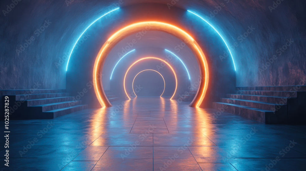 Fototapeta premium Vibrant neon archway leading to illuminated steps in a dark tunnel setting with a mysterious atmosphere