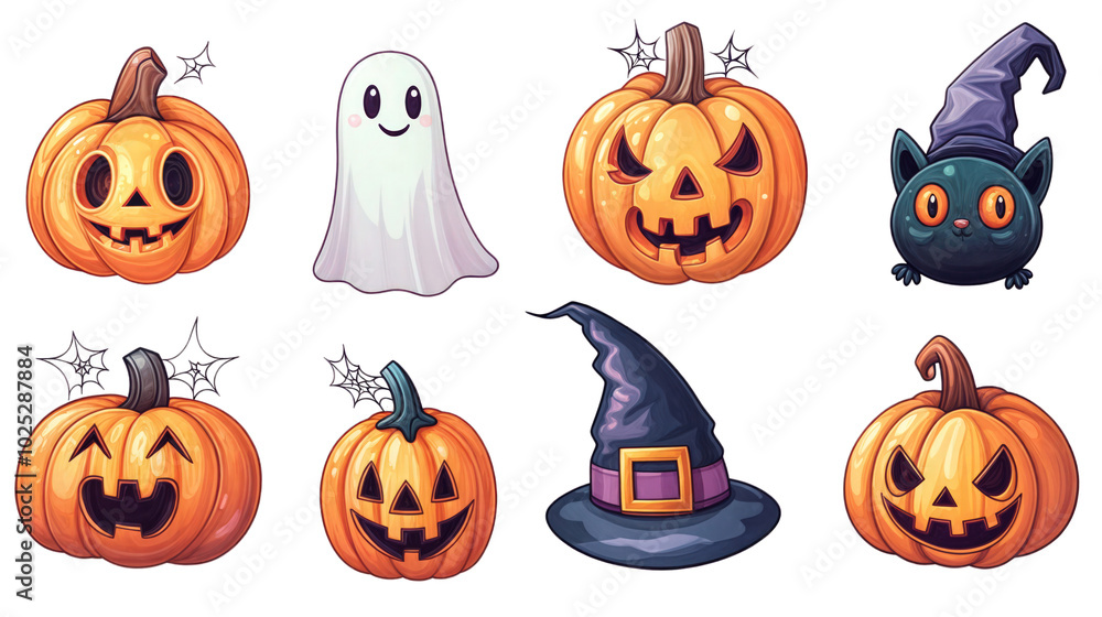 Set of adorable Halloween ghosts and pumpkins with smiling faces isolated on transparent background Set of adorable Halloween ghosts and pumpkins with smiling faces isolated on transparent background