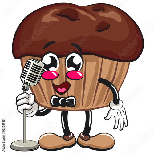 kawaii cartoon chocolate muffin with chocolate chip character mascot isolated vector illustration in front of the mic become a stand up comedian, work of hand drawn