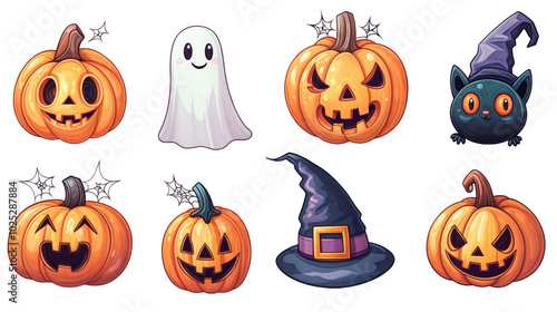 Set of adorable Halloween ghosts and pumpkins with smiling faces isolated on transparent background