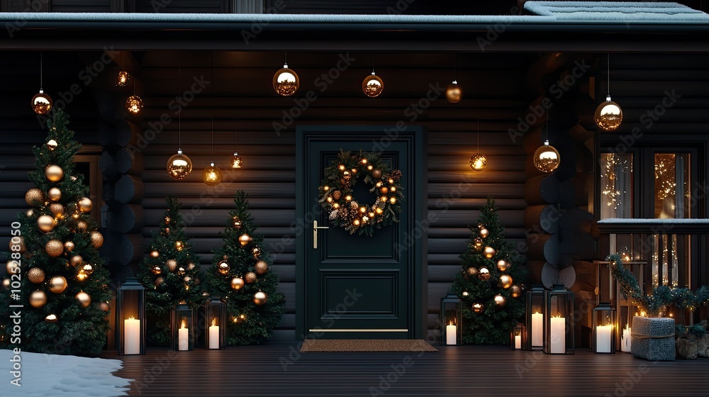 Fototapeta premium A charming Christmas entrance features a green wreath with lights above black doors. Tinsel trees and candles create a warm and inviting atmosphere in a rustic wooden cabin