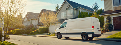 Delivery van parked in a residential neighborhood, ready to deliver packages, copy space. Concept of transportation parcel delivery.
