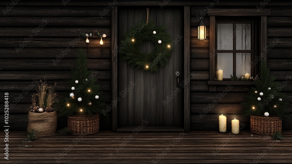 A charming Christmas entrance features a green wreath with lights above black doors. Tinsel trees and candles create a warm and inviting atmosphere in a rustic wooden cabin A charming Christmas entrance features a green wreath with lights above black doors. Tinsel trees and candles create a warm and inviting atmosphere in a rustic wooden cabin
