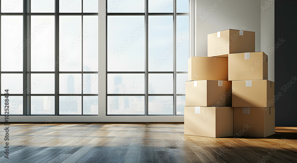 A stack of cardboard boxes with things to move in a bright empty room. Large spacious room. Moving concept. A stack of cardboard boxes with things to move in a bright empty room. Large spacious room. Moving concept.